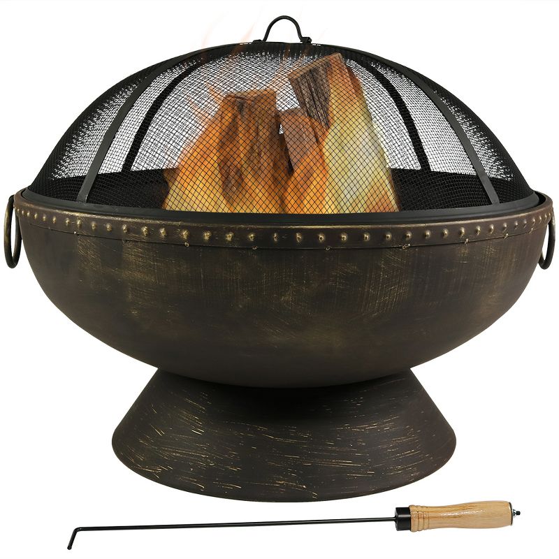 Sunnydaze Outdoor Camping or Backyard Large Fire Pit Bowl with Spark Screen, Log Poker, and Metal Wood Grate – 30″ – Bronze
