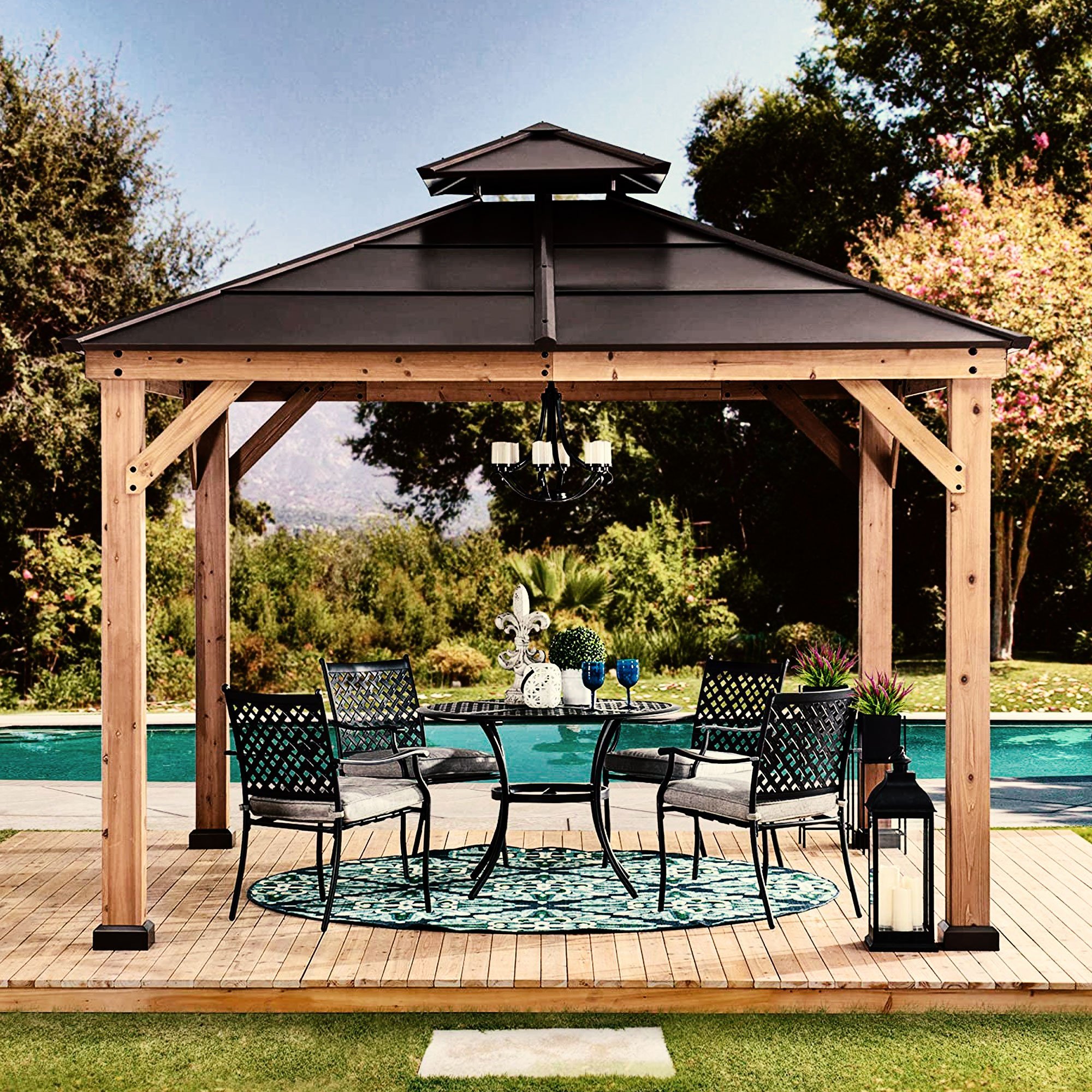 Sunjoy Brown 10 ft. x 10 ft. Cedar Framed Gazebo with Steel 2-Tier Hip Roof Hardtop