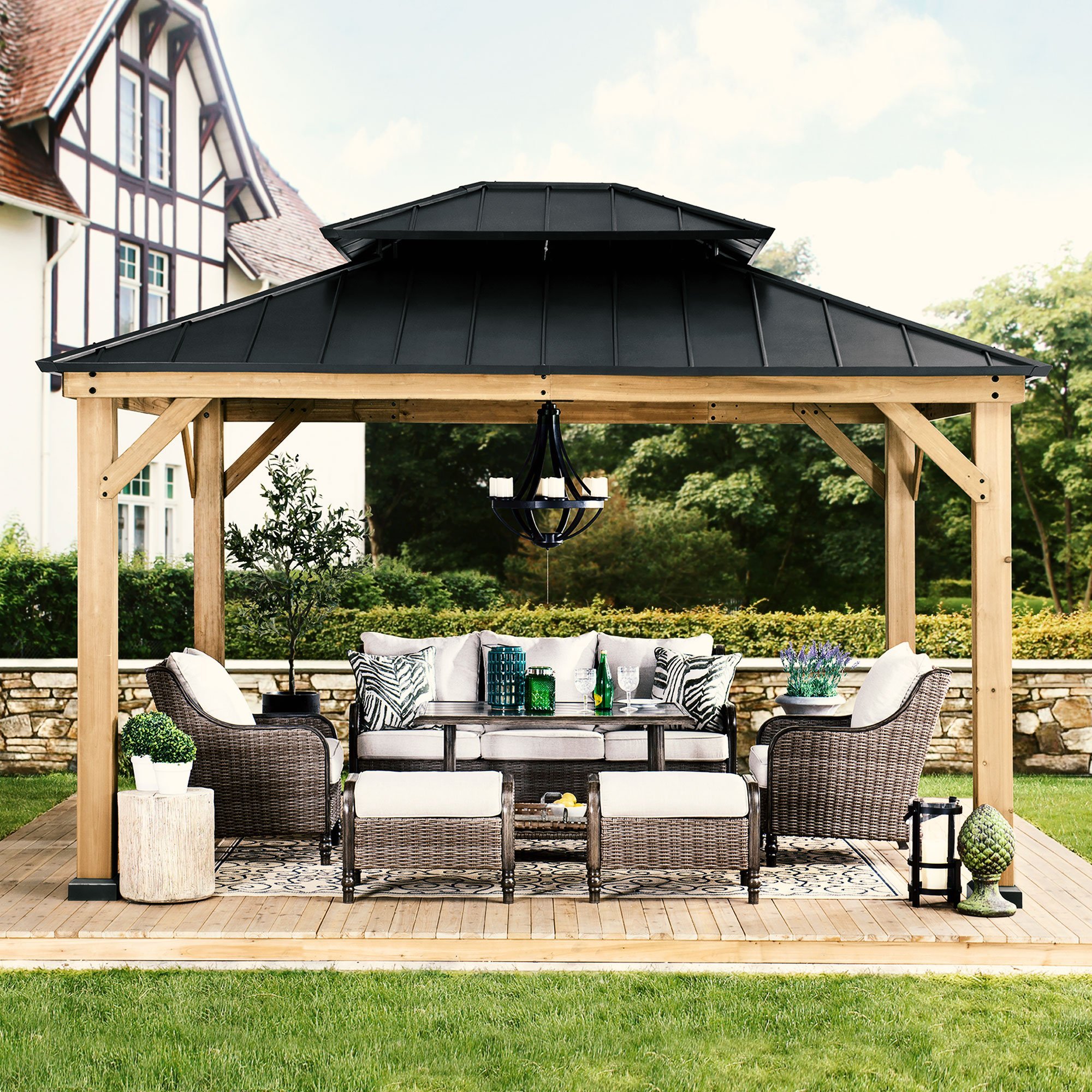 Sunjoy Black Archwood 11 ft. x 13 ft. Cedar Framed Gazebo with Hook and Steel Roof