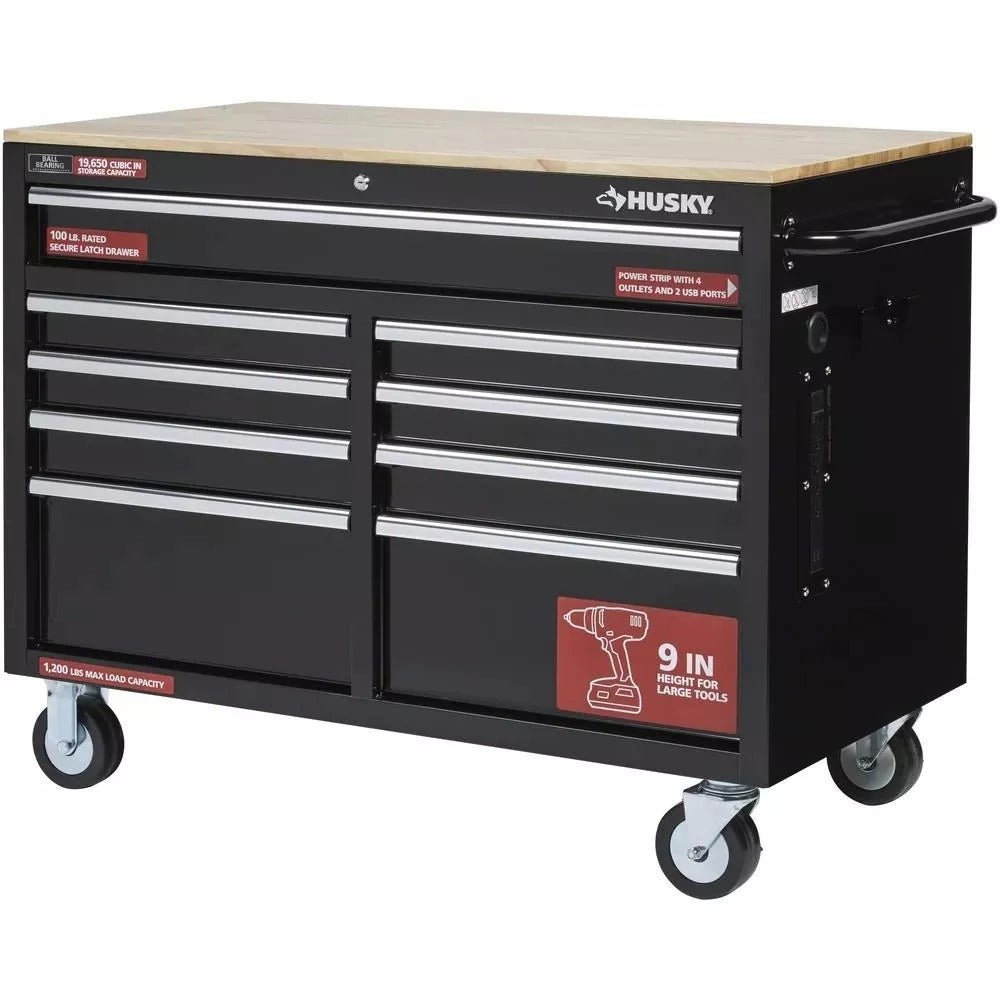 Husky 46 in. W x 24 in. D 9-Drawer Gloss Black Deep Tool Chest Mobile Workbench