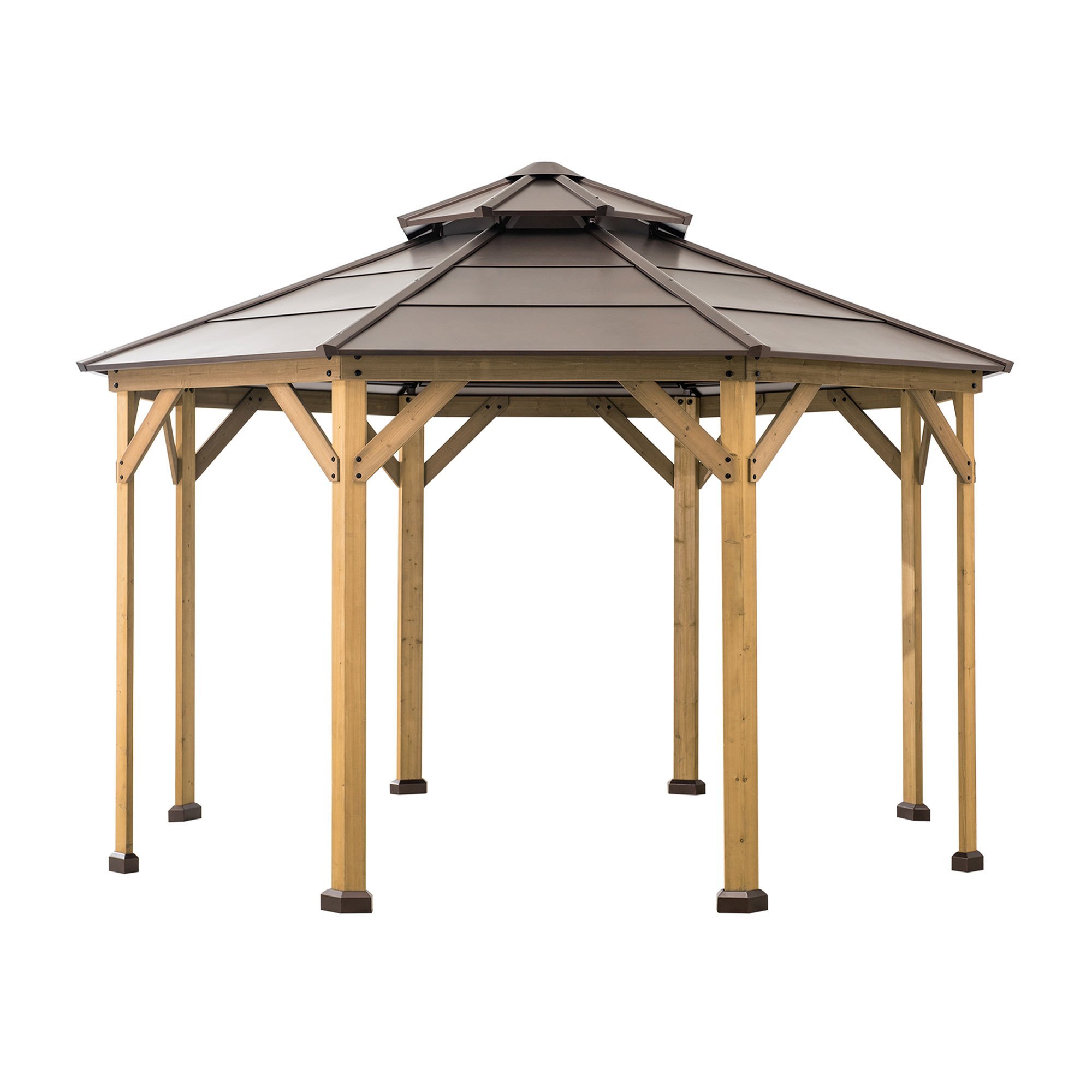 Sunjoy Brown 13 ft. x 13 ft. Cedar Framed Octagon Gazebo with 2-tier Steel Roof and Hook