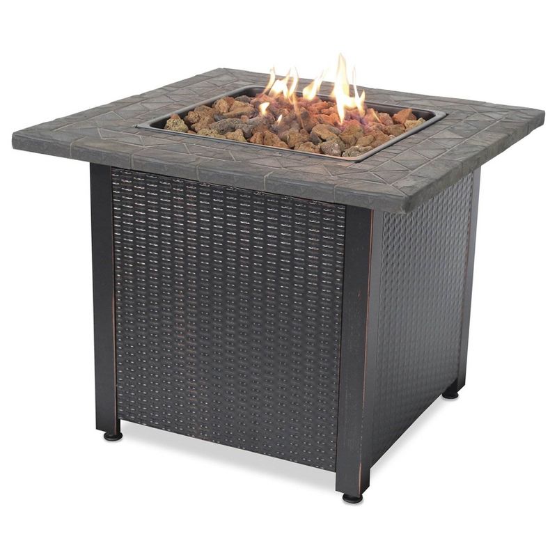 Endless Summer 30 Inch Square 30,000 BTU LP Gas Outdoor Fire Pit Table with Mosaic Resin Mantel, Steel Wicker Design Base, and Lava Rock, Black
