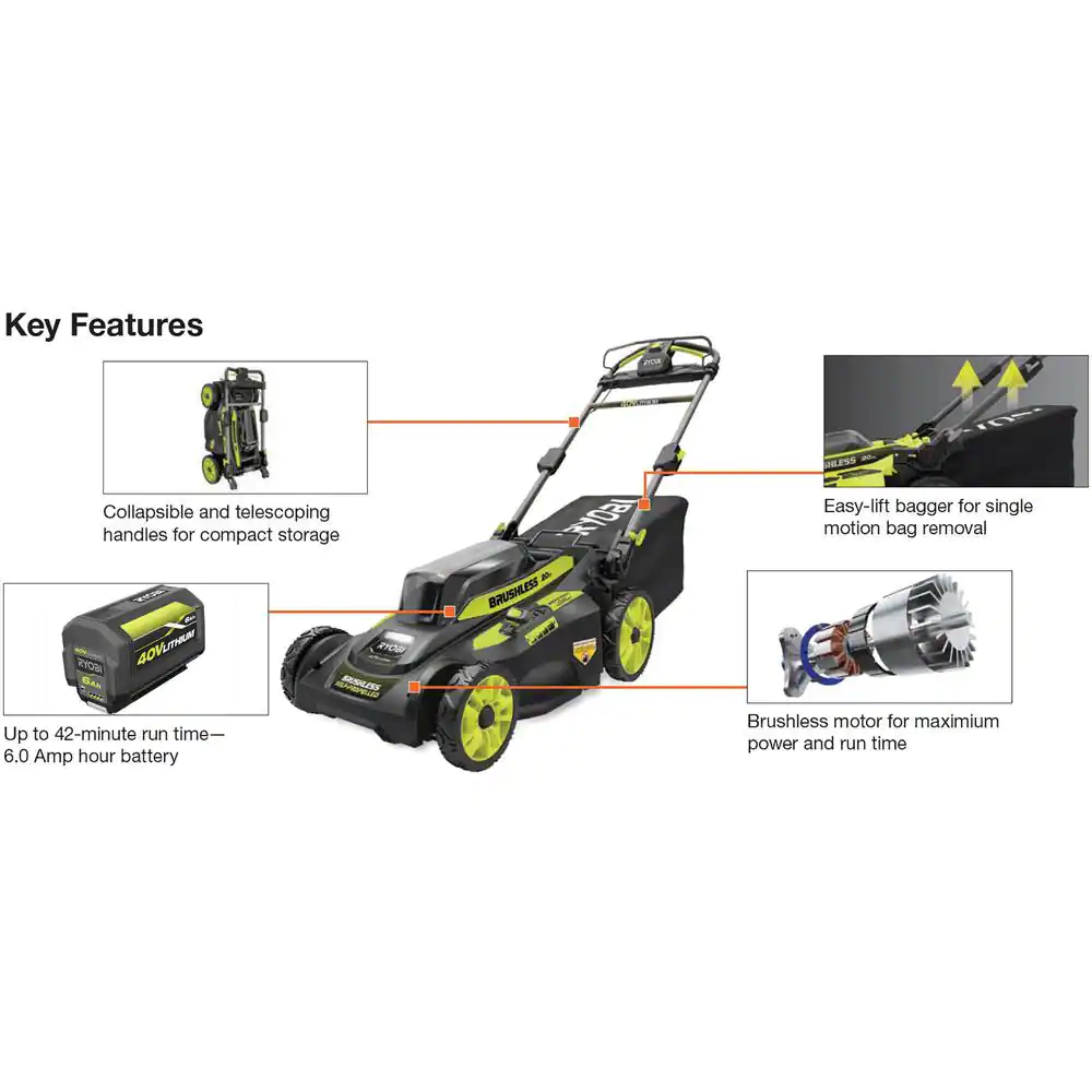 Ryobi 40V Brushless 20 in. Battery Walk Behind Self-Propelled Lawn Mower (Tool Only)