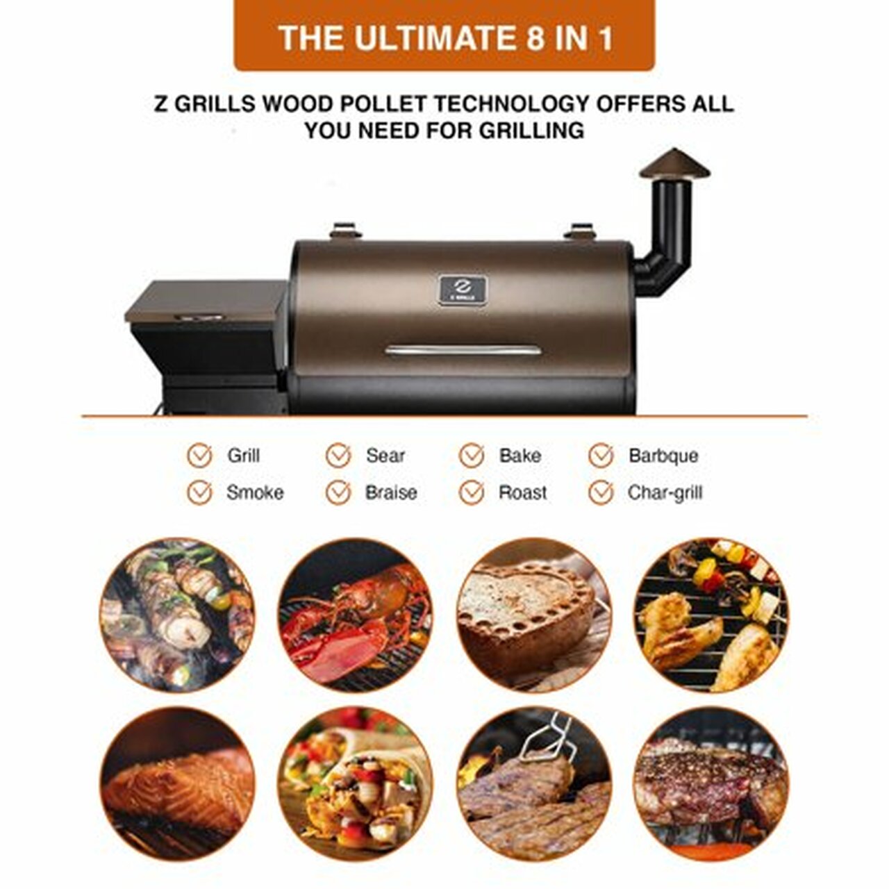 Z GRILLS ZPG-700D 694 sq. in. Wood Pellet Grill and Smoker 8-in-1 BBQ Bronze