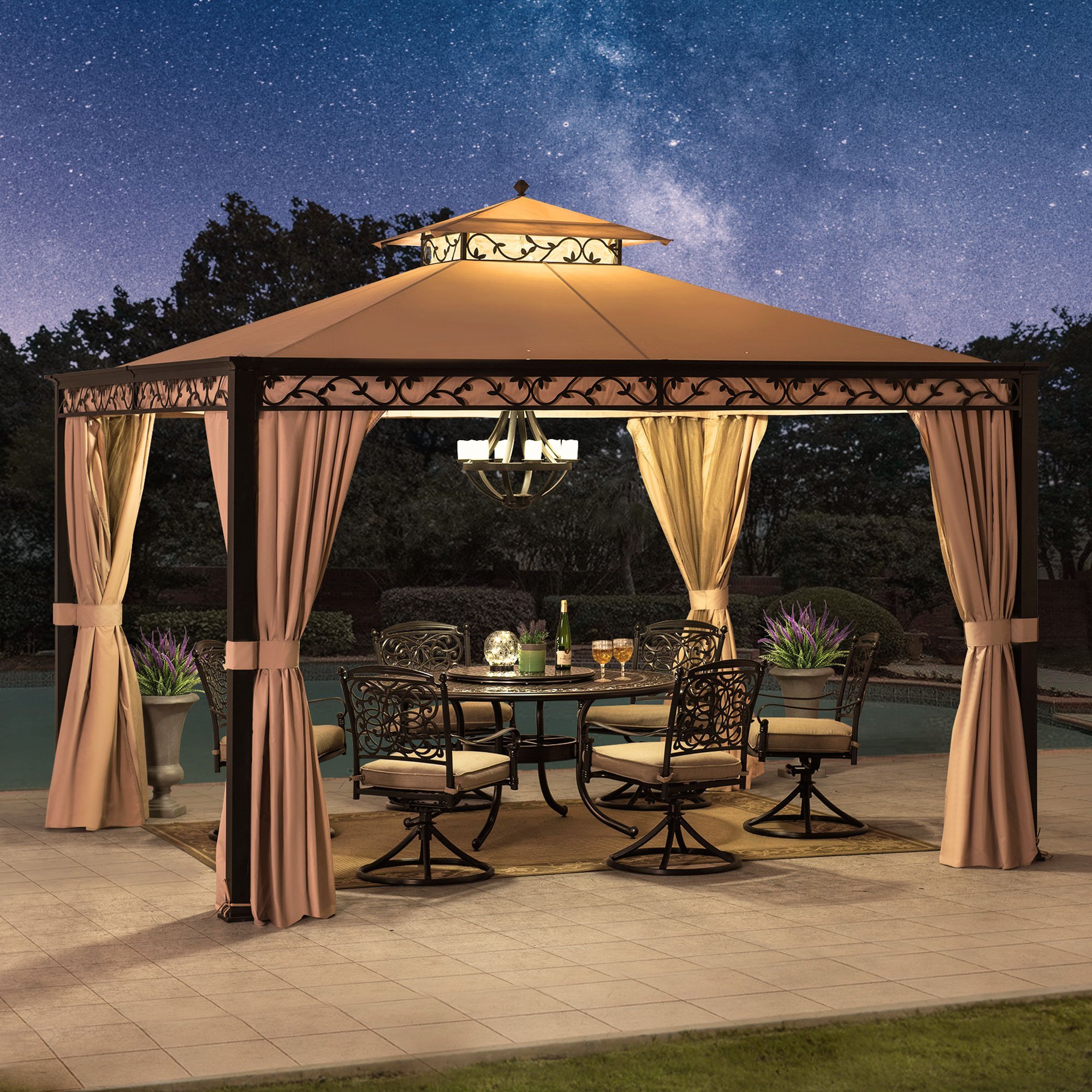 Sunjoy 10 ft. x 12 ft. Soft Top Steel Gazebo with Mosquito Netting and Curtains