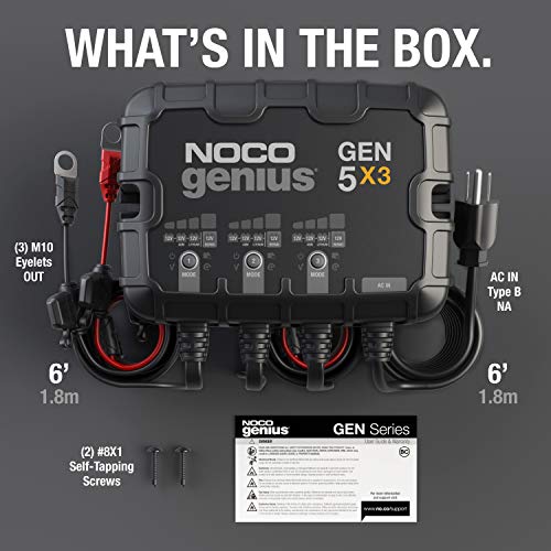 NOCO GENIUS GEN5X3, 3-Bank, 15-Amp (5-Amp Per Bank) Fully-Automatic Smart Marine Charger, 12V Onboard Battery Charger, Battery Maintainer and Battery Desulfator with Temperature Compensation