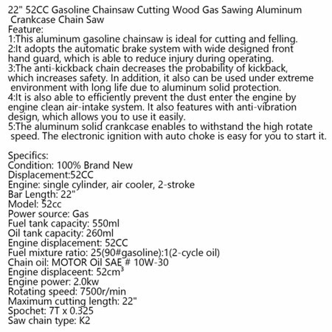 Hot Selling 22' 52CC Gasoline Chainsaw Cutting Wood Gas Sawing Aluminum Crankcase Chain Saw