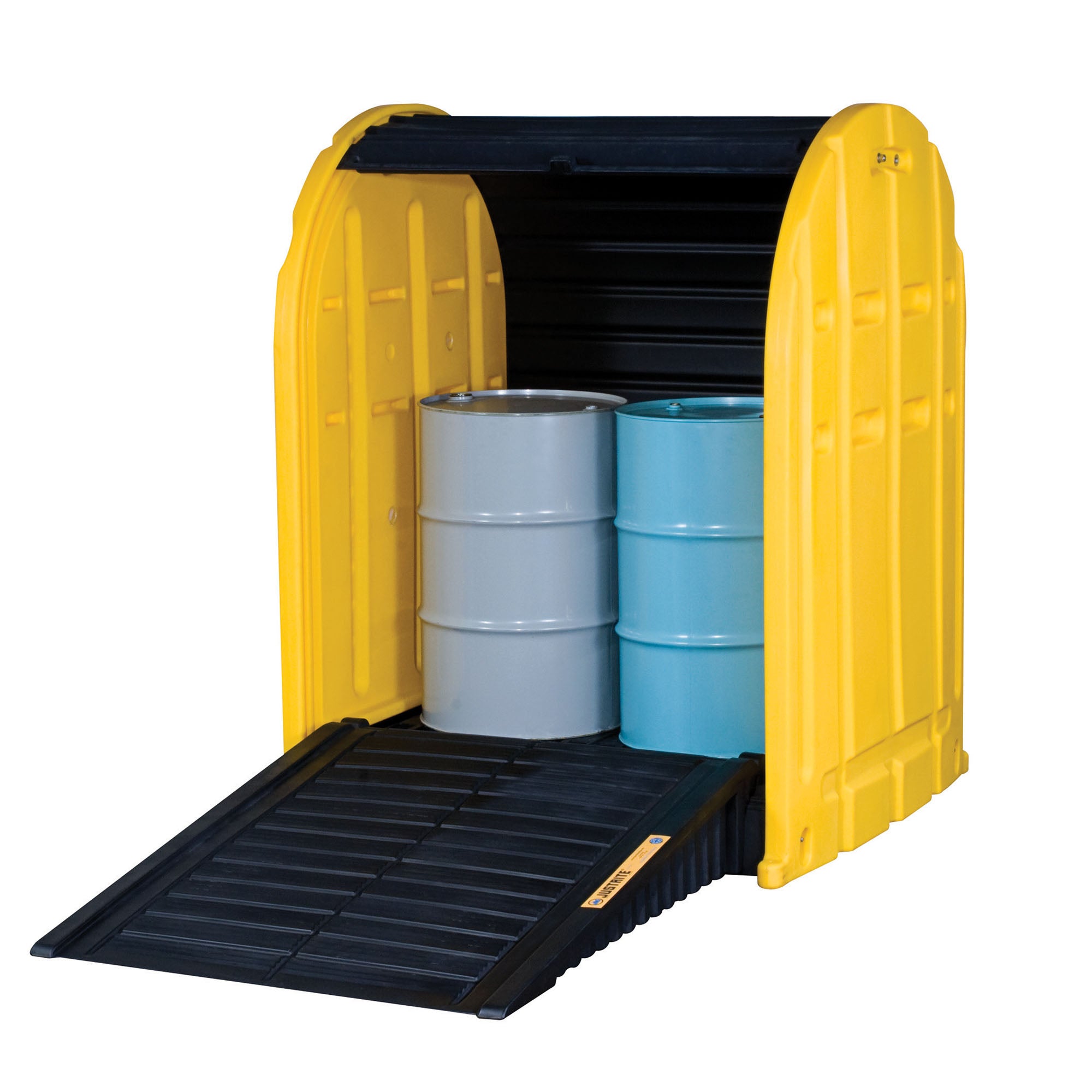 Justrite EcoPolyBlend™ DrumShed™ with Rolltop Doors, Accommodates 2 Drums, Polyethylene