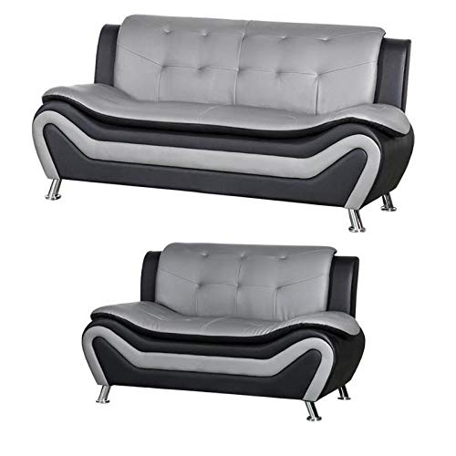 2 Piece Living Room Set with 2 Tone Sofa and Armchair in Black/Gray