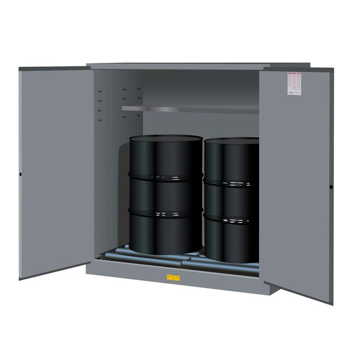 Justrite 110 Gallon, 2 Drum Vertical, 1 Shelf, 2 Doors, Self Close, Flammable Cabinet With Drum Rollers, Sure-Grip® EX, Gray