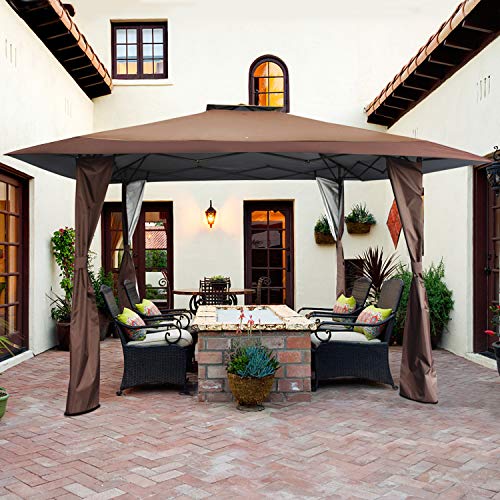 PHIVILLA 13' x 13' Outdoor Canopy Patio Gazebo Canopy Tent Pop-up with Elegant Corner Curtain for Backyard, Party, Family Outings, 169 Sq. Ft of Shade, Brown