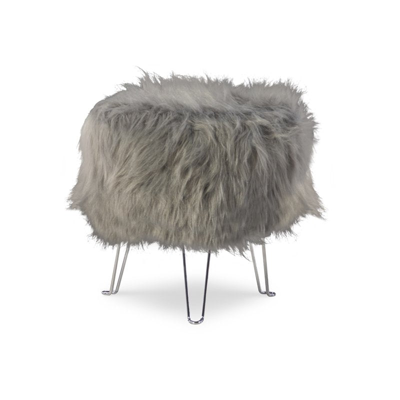 Linon Lou Faux Fur Metal Hair Pin Stool in Gray