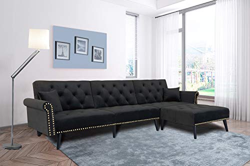 YYAO Convertible Sectional Sofa Couch Sleeper Sofa Bed Modern Upholstered 3-Seat L-Shaped Couch Sofa Sectional Reversible Sofa Bed Living Room Furniture with Pillows,Solid Wood Legs (Black)