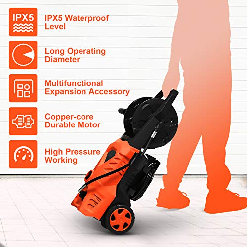 Suyncll Pressure Washer 3000PSI Electric Power Washer with Hose Reel and Brush,High Pressure Washer for Driveway Fence Patio Deck Cleaning (Orange)
