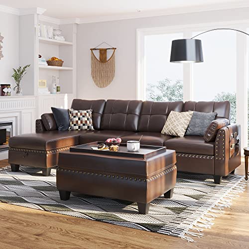 HONBAY Convertible Sectional Sofa Couch Faux Leather L Shaped Couch Sofa Set Reversible Sectional Sofa with Storage Ottoman for Small Apartment(Sectional+Tray Ottoman)