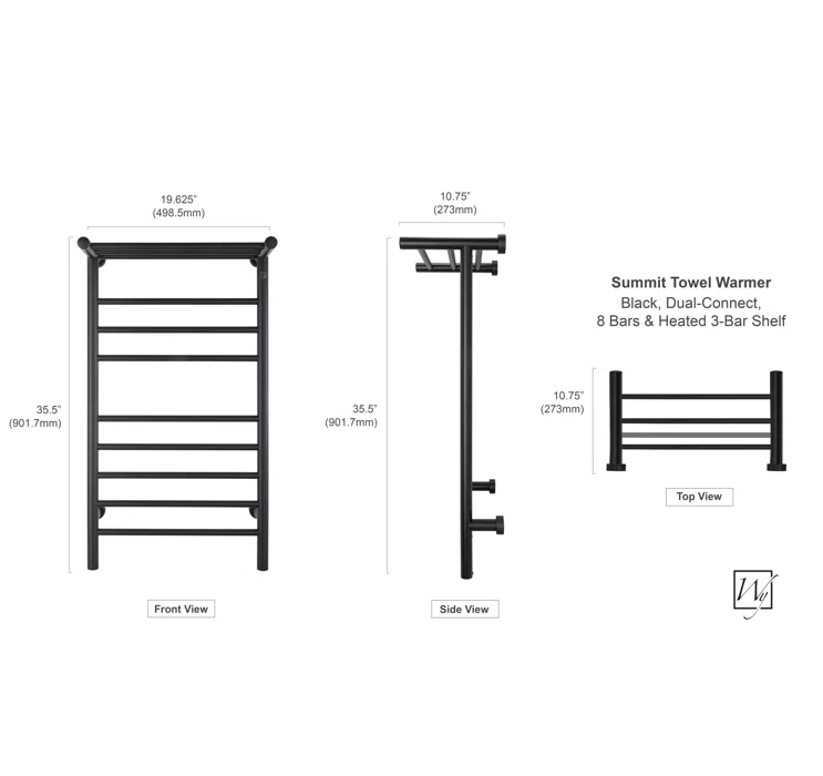 WarmlyYours TW-SUM08KS-HP 8 Bar and 3-Bar Heated Shelf Dual Connection Towel Warmer Black New