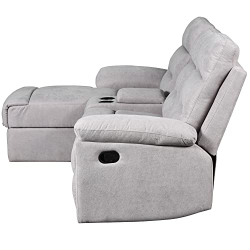 GAOPAN L-Shaped Upholstered Manual Reclining Sectional Sofa with Storage Chaise Lounge Couch and 2 Cup Holders for Living Room Furniture Sets, Light Grey