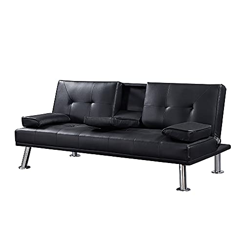 Takefuns 3 Pieces Convertible Sectional Sofa Set, Faux Leather Upholstered Sofa Bed with Two Cup Holders and Ottoman, Modern Living Room Sofa Furniture Set, Black