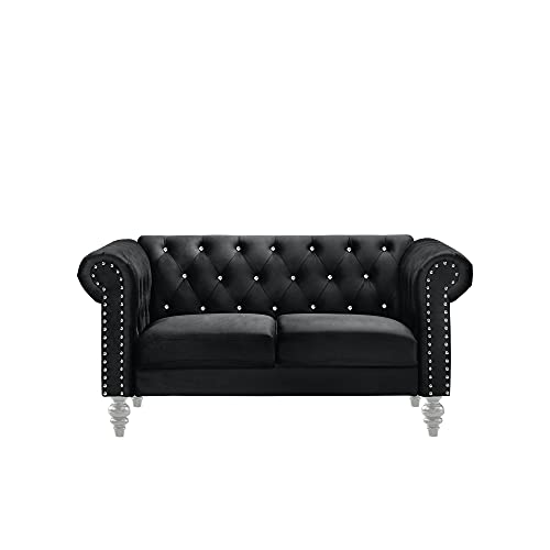 New Classic Furniture Glam Emma Velvet Two Seater Chesterfield Style Loveseat for Small Spaces with Crystal Button Tufts, Black