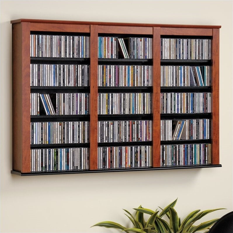 Triple Floating Media Wall Storage in Cherry and Black