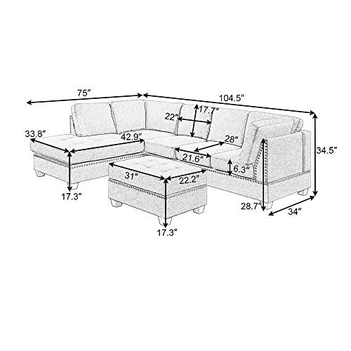 Sectional Sofas 3-Seat Sofa Sectional Sofa Couches with Reversible Chaise Storage Ottoman and 2 Cup Holders, Sofa Lounge and Ottoman for Living Room Furniture
