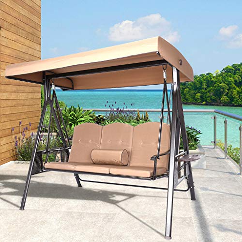 Saclmd 3-Seat Deluxe Outdoor Patio Porch Swing with Weather Resistant Steel Frame, Adjustable Tilt Canopy, Cushions and Pillow Included, Beige (Beige)