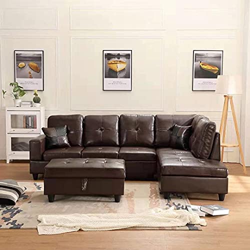 RINIMEI 2021 Faux Leather Sectional Sofa Easy to Assemble with Tufted Cushions for Home Living Room Furniture Set,L-Shape 5 Seater PU Couch W/Right Chaise Lounge and Storage Ottoman,Dark Brown