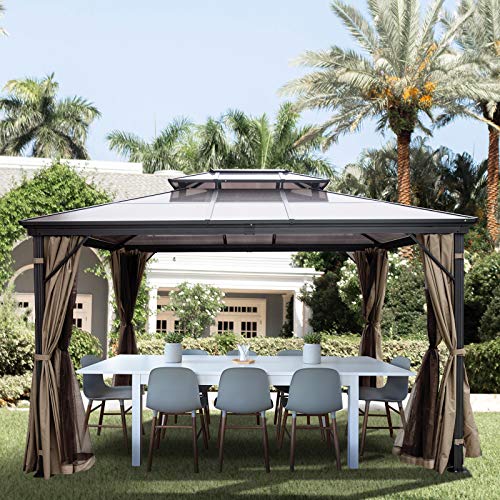 Happybuy Polycarbonate Hardtop Roof Gazebo 10' x 10' with Netting - Metal Gazebo Aluminum Permanent Double Tier Roof- Gazebos for Patios, Backyard, Outdoor and Lawn