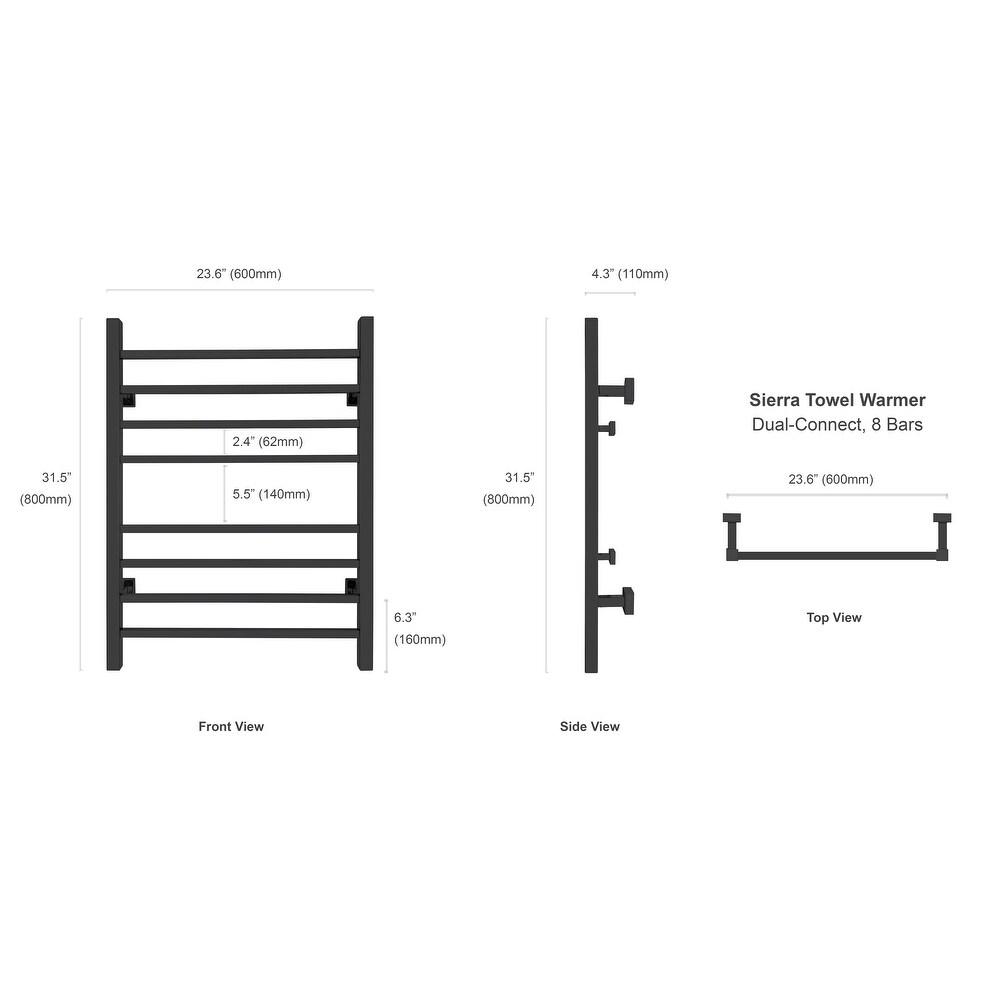 WarmlyYours TW-SR08KS-HP Sierra Dual Connection 8 Bar Towel Warmer in Matte Black New
