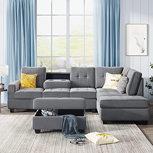 LZ LEISURE ZONE L-Shaped Sectional Sofa Set with Chaise Lounge and Storage Ottoman, Living Room Furniture Set Sofa Couch for Home (Antique Grey)