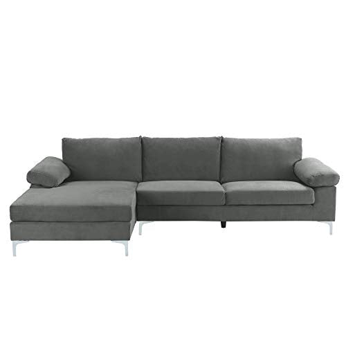 Casa Andrea Milano Modern Sectional Sofa L Shaped Velvet Couch, with Extra Wide Chaise Lounge, Large, Grey