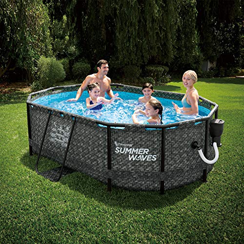 Summer Waves P71408401 13.9 x 8.2 Foot 39.5-Inch Deep Dark Herringbone Print Active Above Ground Metal Framed Oval Family Backyard Swimming Pool with SFX600 SkimmerPlus Filter Pump, Gray