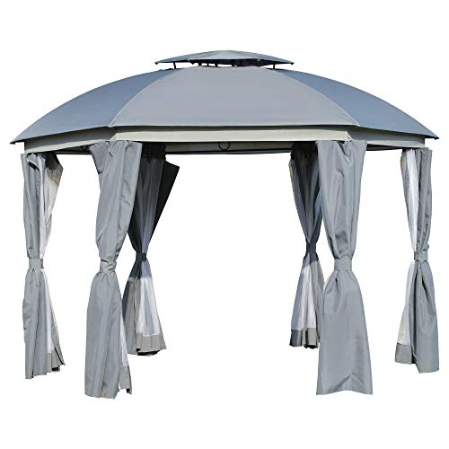 Outsunny 12' x 12' Round Outdoor Patio Gazebo Canopy with 2-Tier Roof, Netting Sidewalls, & Strong Steel Frame, Grey