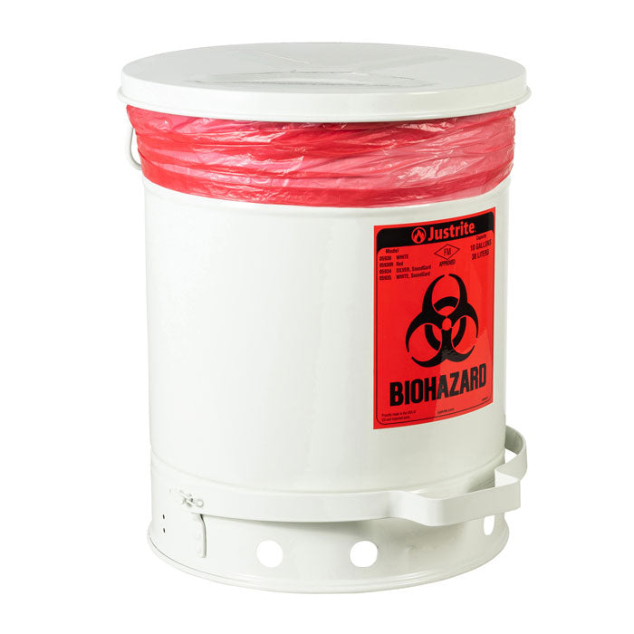 Justrite 10 Gallon Steel Biohazard Waste Can, Foot-Operated Self-Closing, SoundGard™ Cover, White