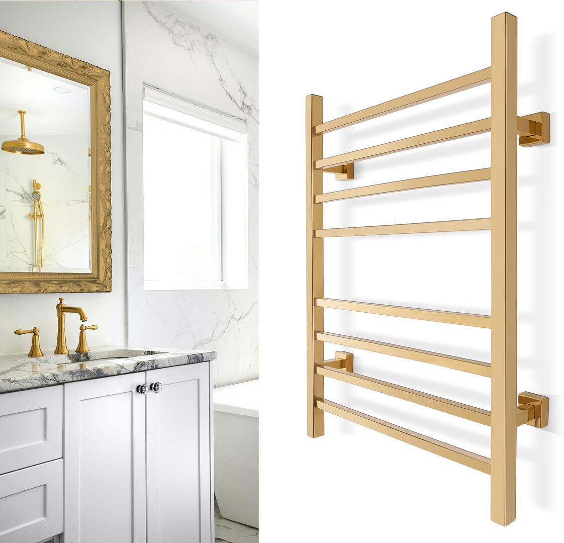 WarmlyYours TW-SR08GS-HP Sierra Dual Connection 8 Bar Towel Warmer in Gold New