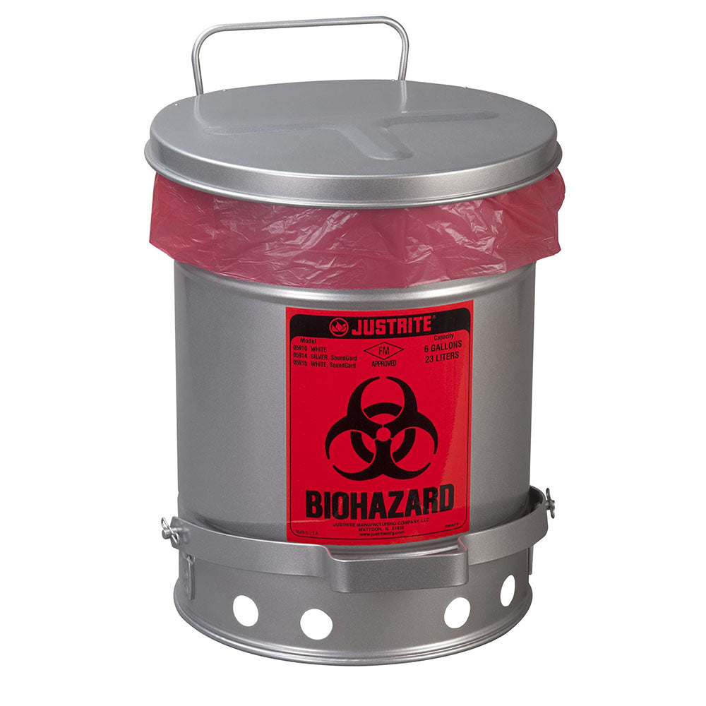 Justrite Biohazard Waste Can, 6 Gallon, Foot-Operated Self-Closing SoundGard™ Cover