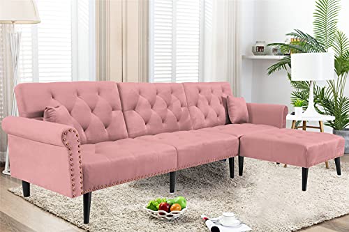 TENNTOU Sectional Futon Sofa Bed, Double Convertible Mid-Century Upholstered L Shape Sectional Sofa with Reversible Reclining Sofa for Living Room Pink Velvet