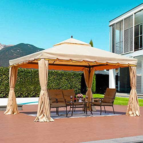 Erommy 10’ x 12’ Outdoor Canopy Gazebo Double Roof Patio Gazebo Steel Frame with Netting and Shade Curtains for Garden,Patio,Party Canopy-Beige