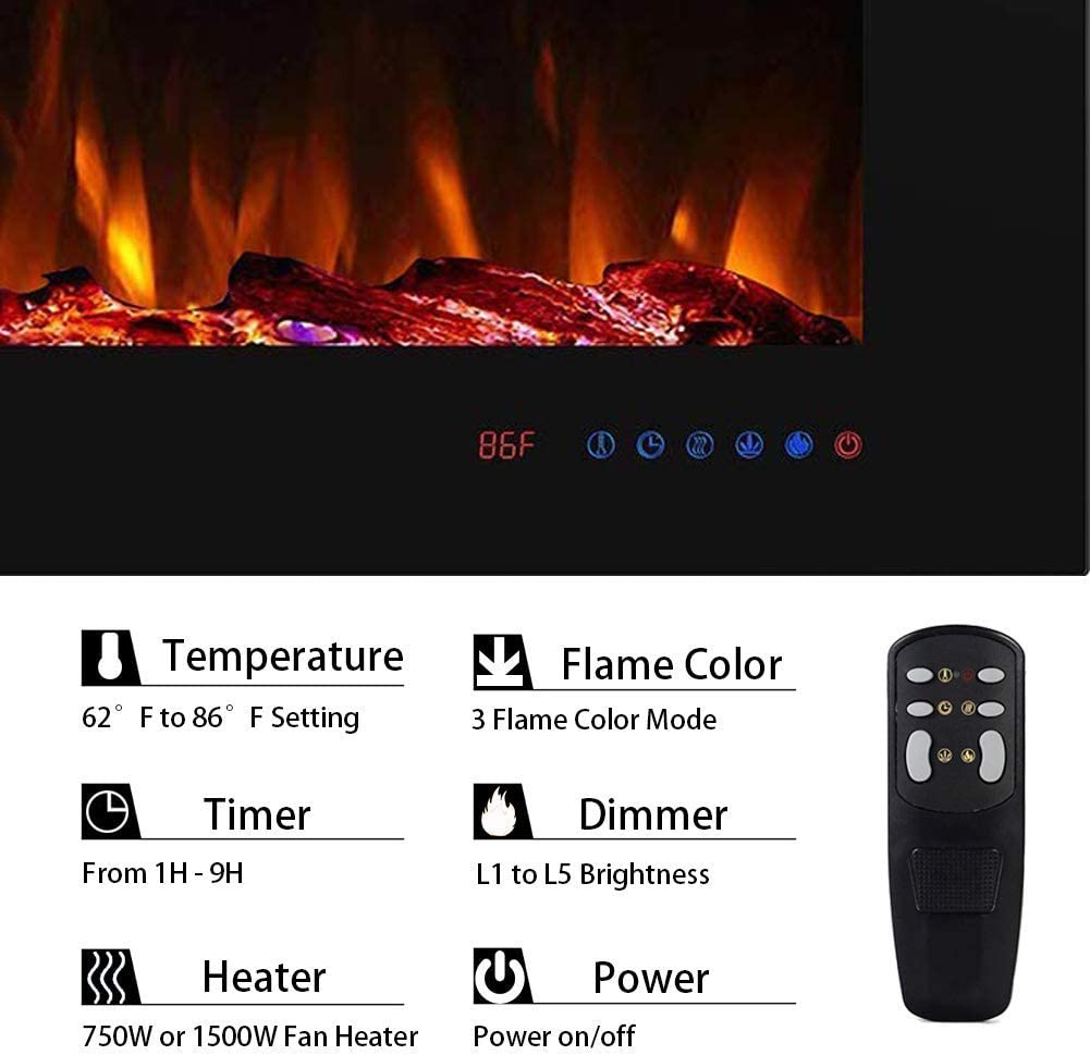 Valuxhome BI60 60 in. 750/1500W Recessed and Wall Mounted Electric Fireplace with Remote LED Lights Logs and Crystals Black New