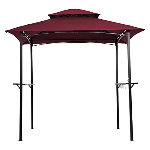 BANNESE Outdoor Grill Gazebo Shelter, 8'x 5' Barbecue Canopy BBQ Tent, Include 1 Bottle Opener, 1 Hook on The Middle top, 2 Iron meshes Table, 10 Pegs on The Frame,Burgundy