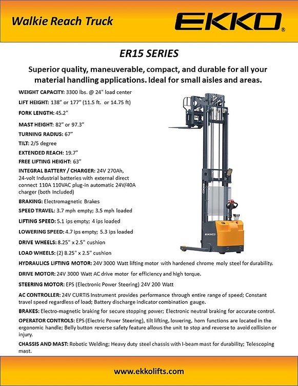 Ekko ER15 Walkie Reach Truck 3300 lbs. Load Capacity, 177