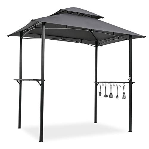 Elly Durable BBQ Grill Gazebo 8x5 Ft, Sturdy Outdoor Shelter Tent Double Tiered Soft Top Canopy Tent with Steel Frame, Hooks & Bar Counters, UV Resistant & Waterproof Fabric, Easy Assembly, Grey Color