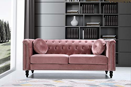US Pride Furniture Modern Style High Density Foam 75.98'' Wide Rose Velvet Rolled Arm 2 Seater Chesterfield Living Room Removable Cushion & Solid Wood Legs (S5608-5613) Sofas