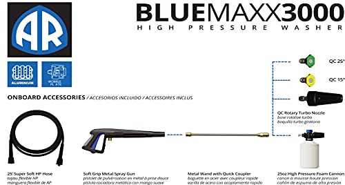 AR Blue Clean Maxx3000, Induction Motor 3000 PSI Electric Pressure Washer, 1.3 GPM with Cart, Power car wash, Driveway, Fence, Deck, ATV, Boat