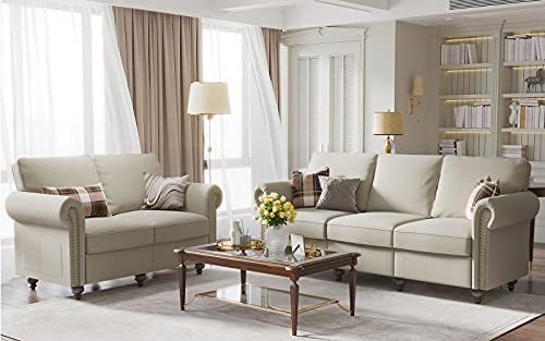 Nolany Classic 2 Piece Living Room Sofa Set Upholstered Fabric 3 Seats Sofa Couch and Loveseat Set Rolled Arm Sofa Sets, Light Beige