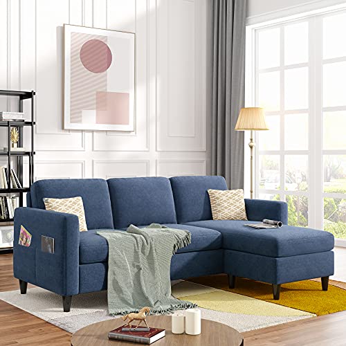 AWQM Convertible Sectional Sofa Couch, L-Shaped Couch 3-Seat Sofas with Reversible Chaise, Modern Linen Fabric Upholstered Sofa for Small Space, Living Room and Apartment, Blue