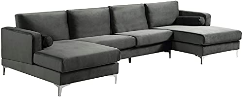 GAOPAN Modern Stylish Elegant Velvet Upholstered Sectional Sofa with Two Pillows, Home Villa Living Room Furniture Set U-Shape Symmetrical 4 Seaters Couch W/Double Wide Chaise Lounge,Black