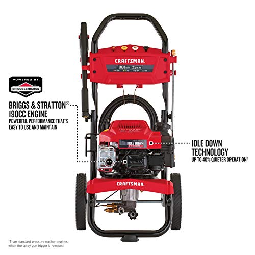 CRAFTSMAN 3000 MAX PSI at 2.1 GPM Gas Pressure Washer with Ready Start, Idle Down Technology, 25-Foot Hose, and 4 Quick-Connect Nozzles, Powered by Briggs & Stratton