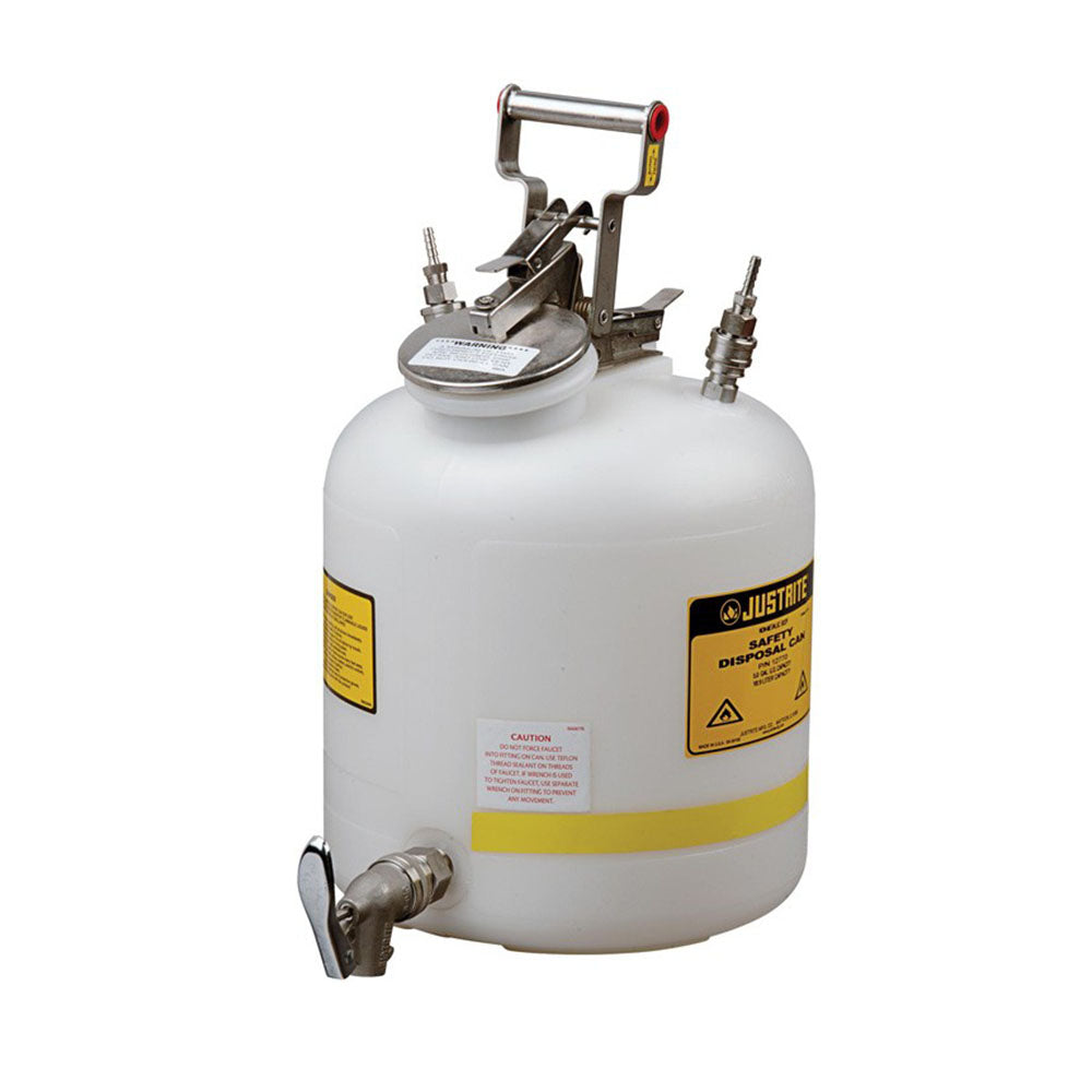 Justrite Disposal Can With Faucet, Quick-Disconnect, Stainless Steel Fittings For 1/4-In Tubing, 5 Gallon, Polypropylene