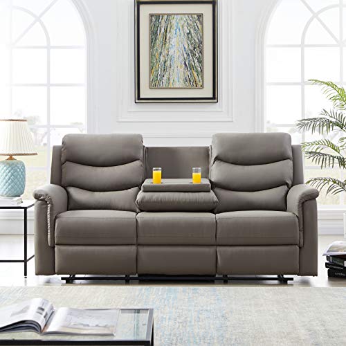 WSDJ Double Recliner Loveseat with Console Slate, Reclining Sofa Cup Holder, 3-Seater Flipped Middle BACKREST Grey PU, Theater Seating Furniture Bed, PU (ORW22328579-10106-1519266943)